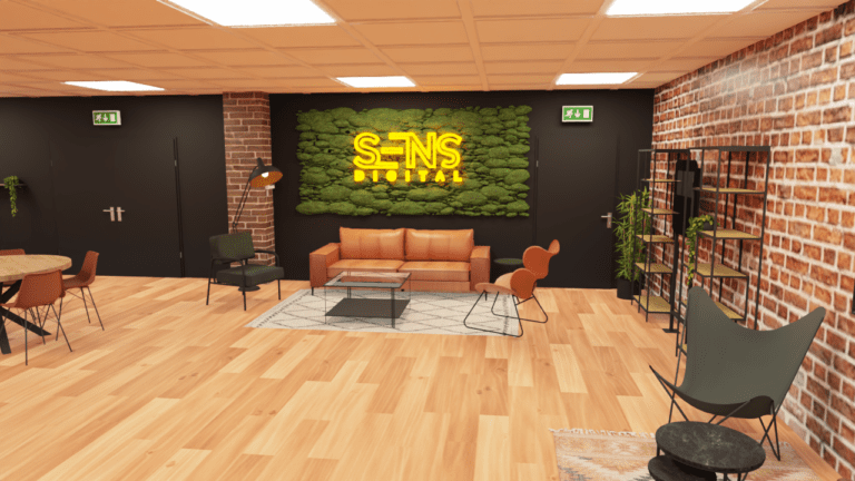 Salle de détente professionnelle rendu 3D cosy style industrielle néant logo mur végétal