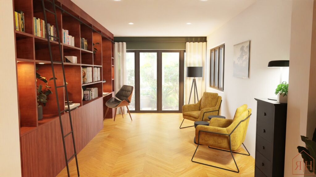Bibliothèque sur mesure extension verrière bibliothèque en noyer parquet chevron rendu 3D