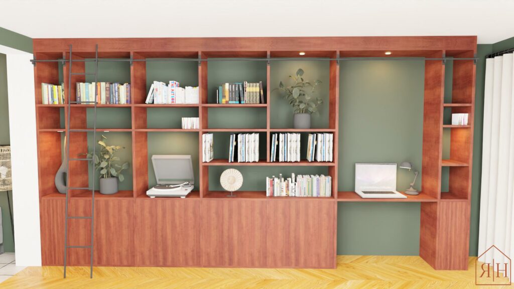 Bibliothèque sur mesure extension verrière bibliothèque en noyer parquet chevron rendu 3D