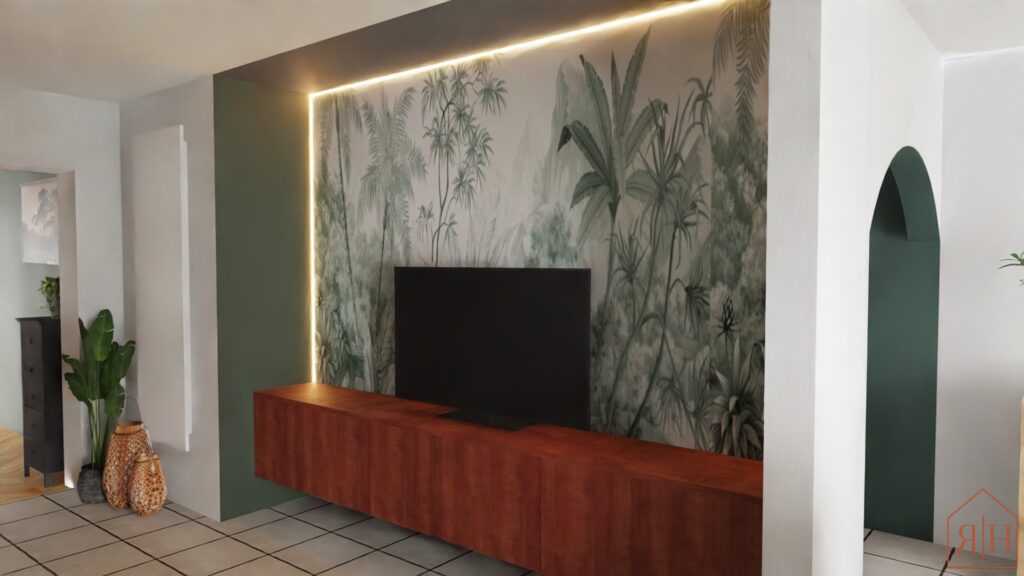 Meuble TV en noyer sur mesure mur vert papier peint motif jungle rendu 3D