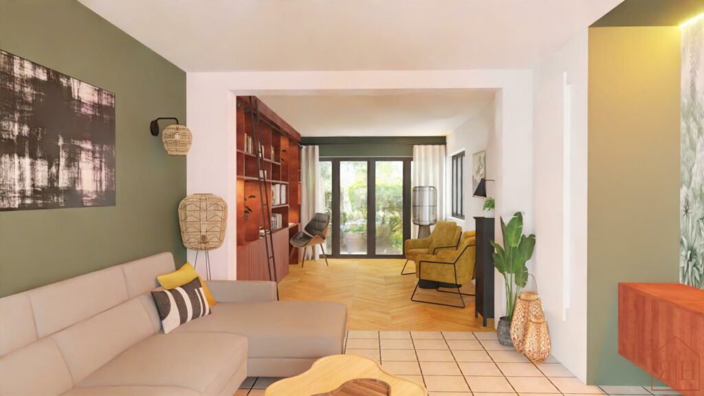 Salon avec extension bibliothèque sur mesure rendu 3D