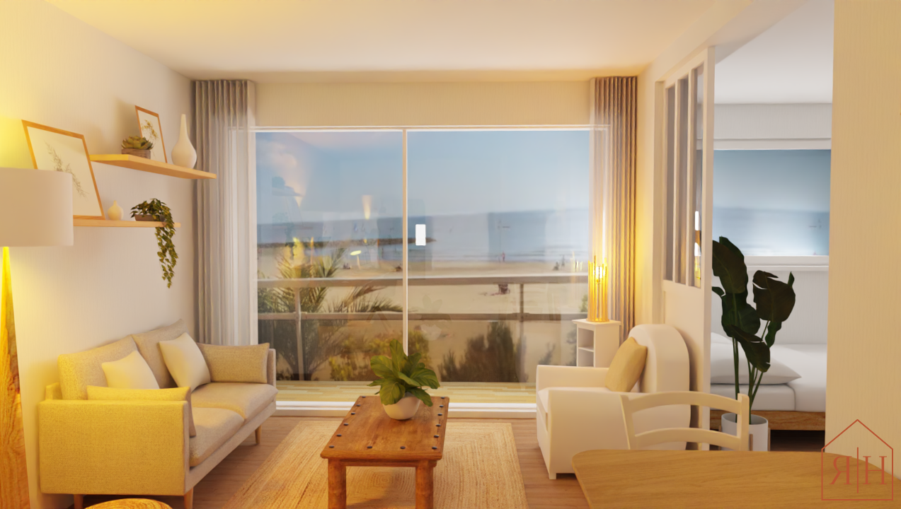 Salon naturel vu sur la mer rendu 3D