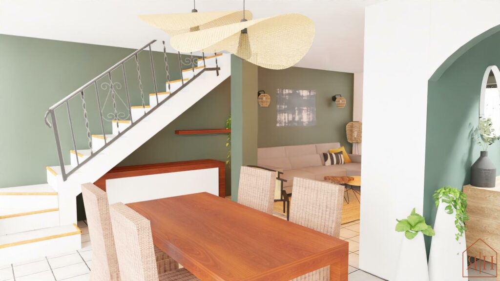 Salon bois mur vert luminaire naturel rendu 3D