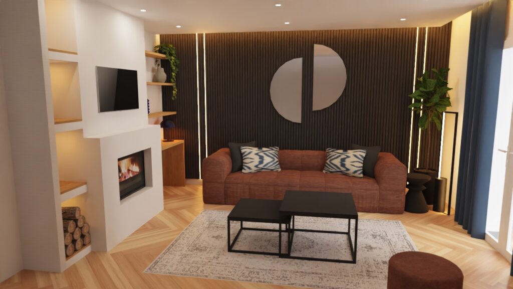 Salon contemporain avec canapé marron, cheminée moderne et mur en bois foncé – Décoratrice d’intérieur à Montpellier