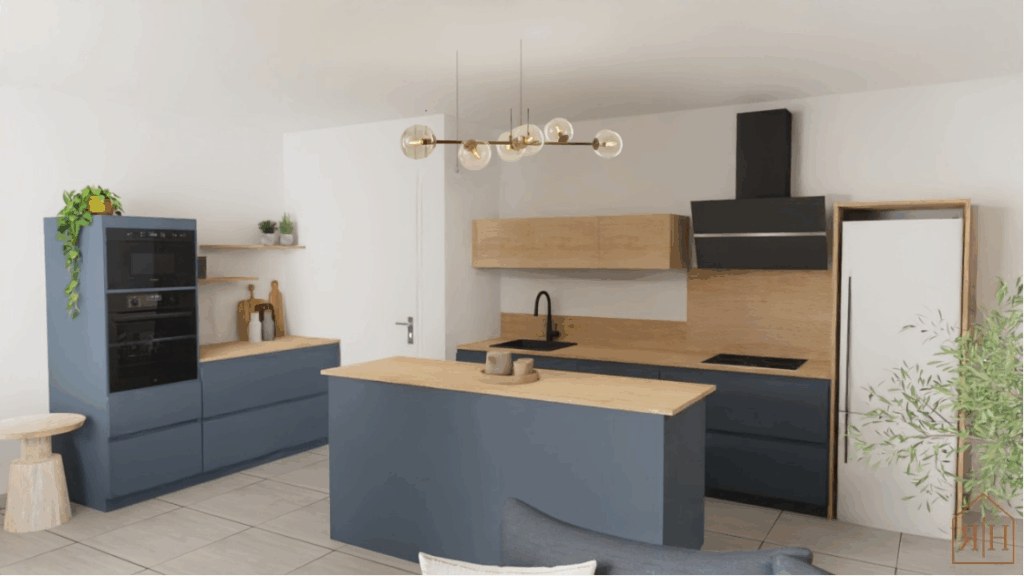 Salon moderne et lumineux avec canapé bleu et fauteuil beige, table basse en bois clair – Décoratrice d’intérieur à Montpellier