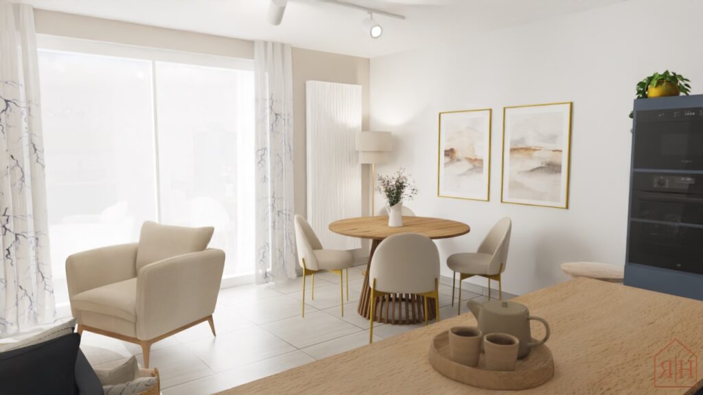 Salon moderne et lumineux avec canapé bleu et fauteuil beige, table basse en bois clair – Décoratrice d’intérieur à Montpellier