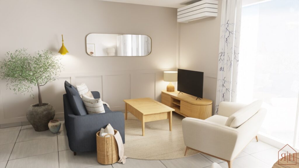 Salon moderne et lumineux avec canapé bleu et fauteuil beige, table basse en bois clair – Décoratrice d’intérieur à Montpellier