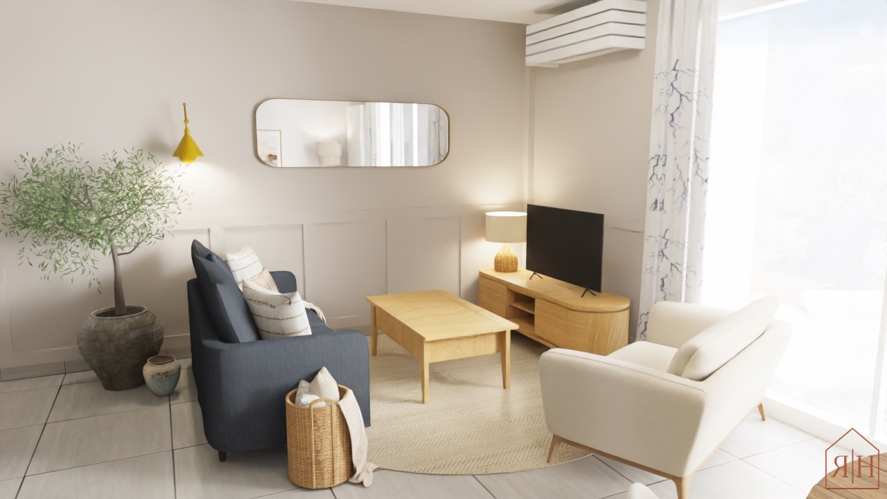 Salon moderne et lumineux avec canapé bleu et fauteuil beige, table basse en bois clair – Décoratrice d’intérieur à Montpellier