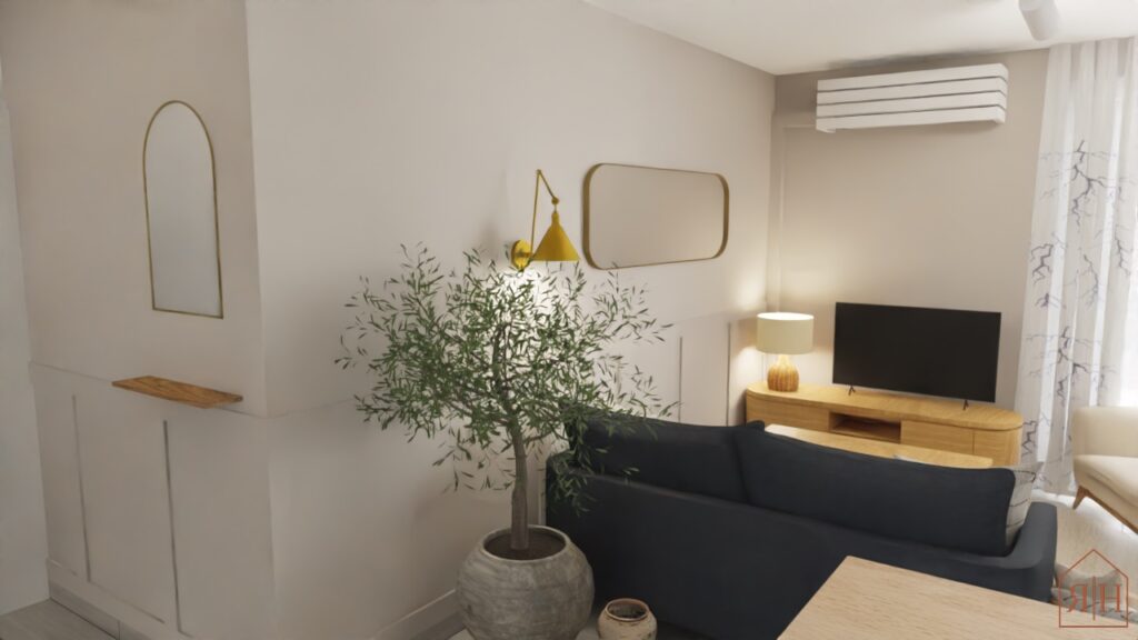 Salon moderne et lumineux avec canapé bleu et fauteuil beige, table basse en bois clair – Décoratrice d’intérieur à Montpellier