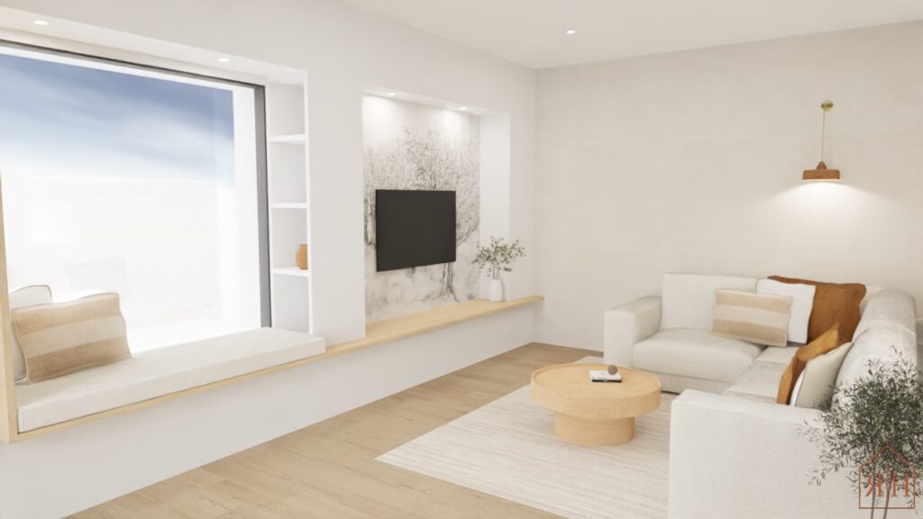 Grande baie vitrée, meuble TV bibliothèque, salon design, meuble sur mesure