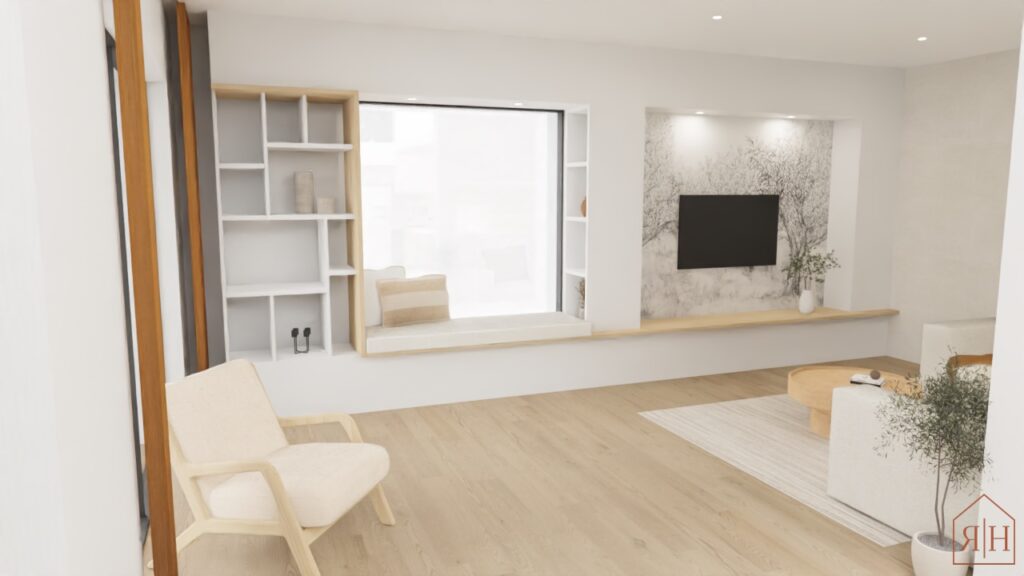 Bibliothèque meuble TV banc sur mesure, style méditerranéen