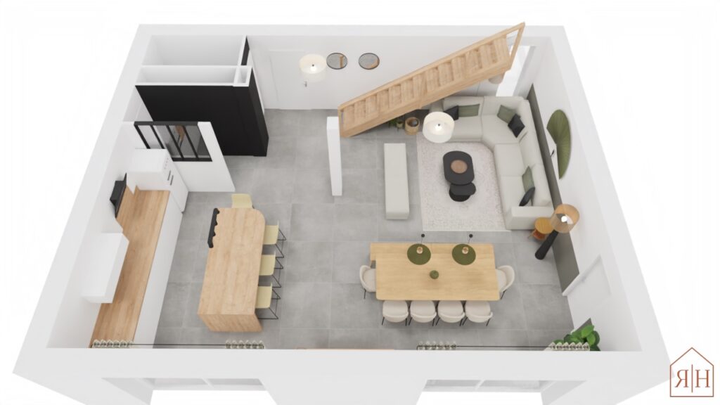 Vue dessus 3D salon salle à manger cuisine