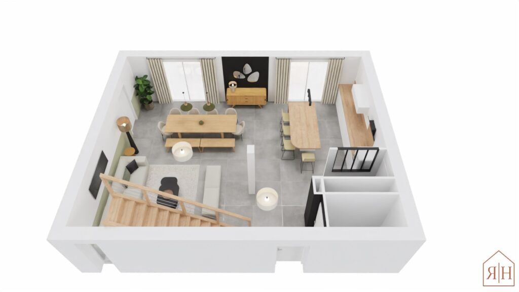 Vue dessus 3D salon salle à manger cuisine contemporain