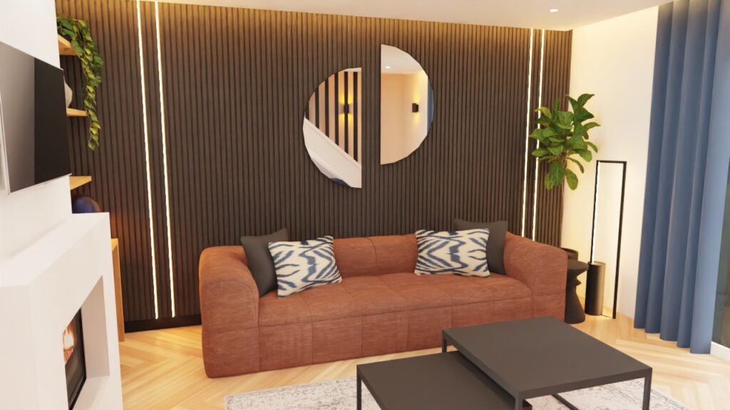 Salon contemporain avec canapé marron, cheminée moderne et mur en bois foncé – Décoratrice d’intérieur à Montpellier