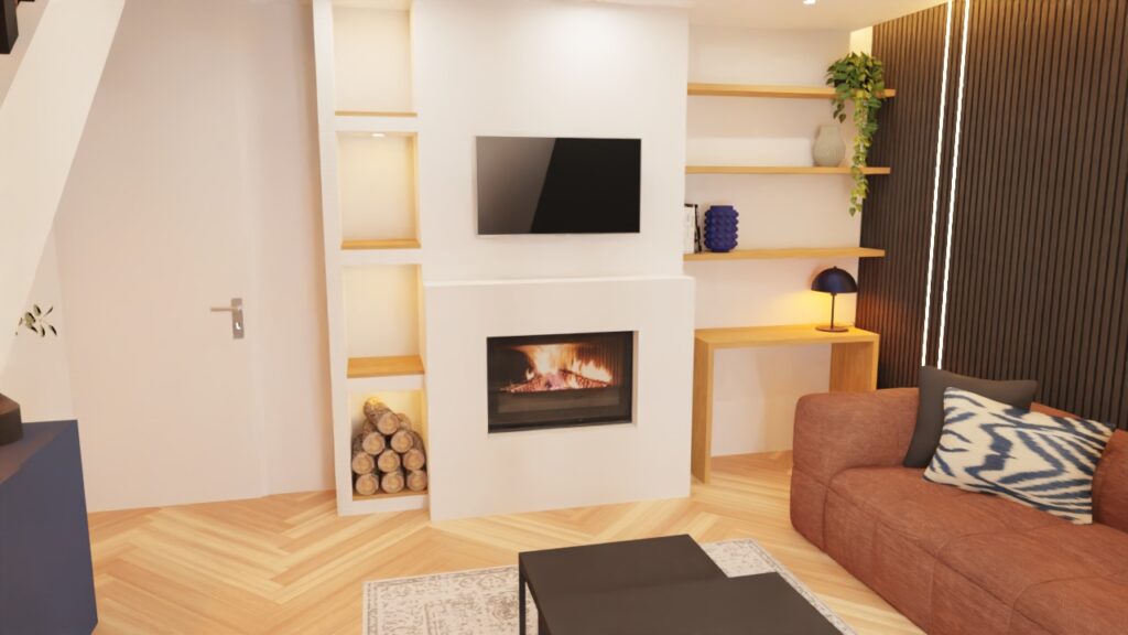 Salon moderne cheminée contemporaine meuble bibliothèque sur mesure