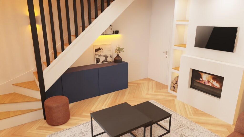 Salon contemporain cheminée moderne meuble sous-escalier