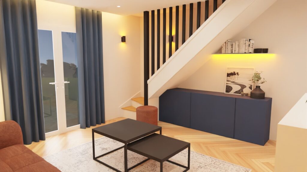 Salon contemporain Vue 3D ,escalier moderne et mur en bois foncé – Décoratrice d’intérieur à Montpellier