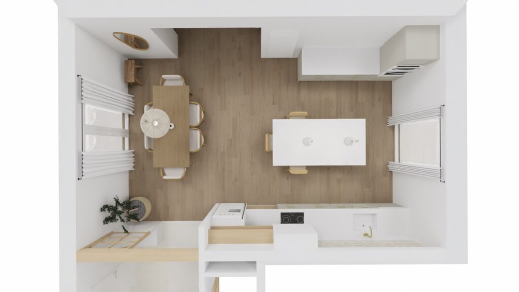 Vue 3D de la cuisine et de la salle à manger style méditerranéen