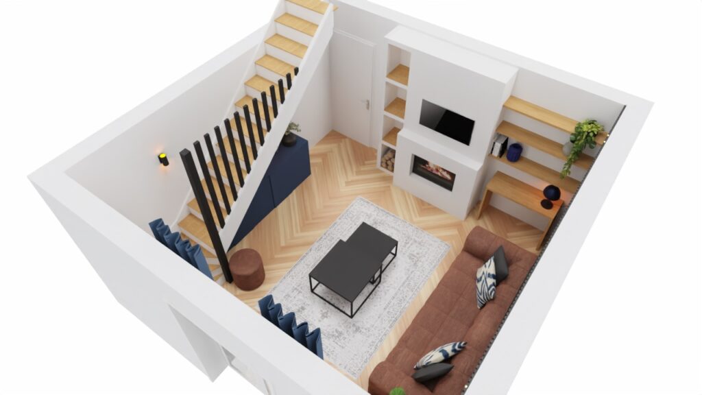 Salon contemporain Vue 3D ,cheminée moderne et mur en bois foncé – Décoratrice d’intérieur à Montpellier